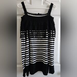 White House Black Market Black and White Striped Off The Shoulder Fringe Top